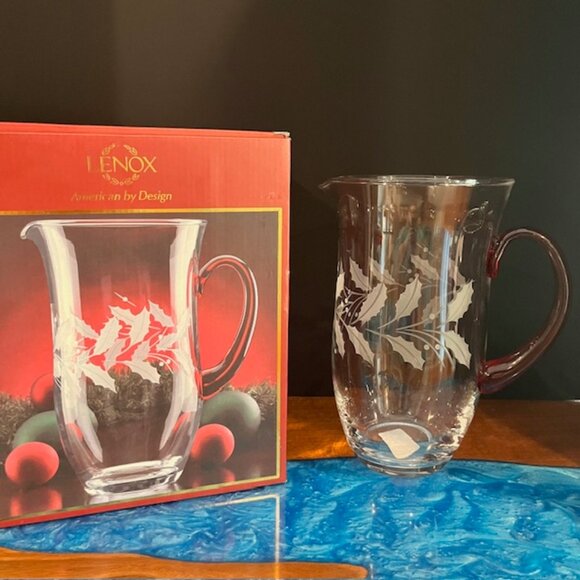 Lenox Crystal Holiday Holly Etched 72oz Red Handle Pitcher NIB - Picture 1 of 10